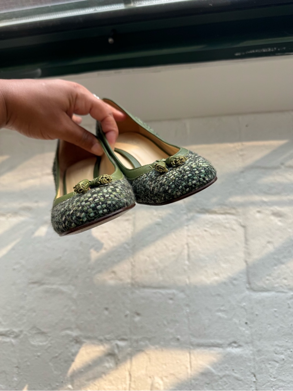 Green Tweed Mid-Heel Pumps with Tassel Accent - Picture 5 of 7
